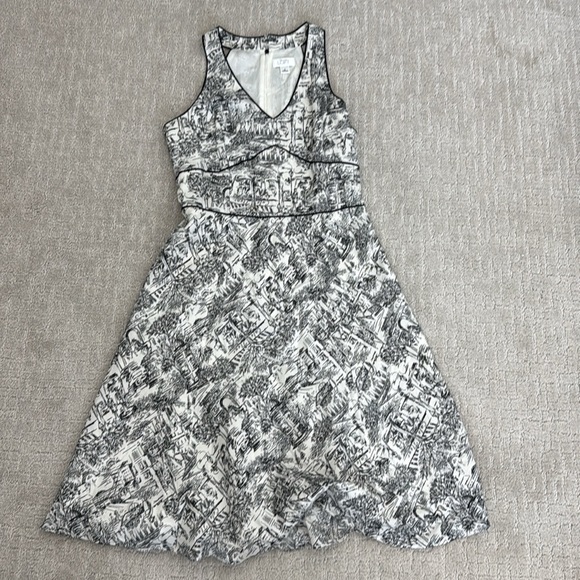 VTG LOFT Paris toile Black and White France Print A-LineMidi Dress Vintage